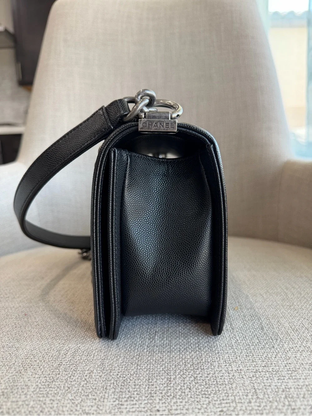 CHANEL Black Quilted Boy Shoulder Bag with Gunmetal Hardware